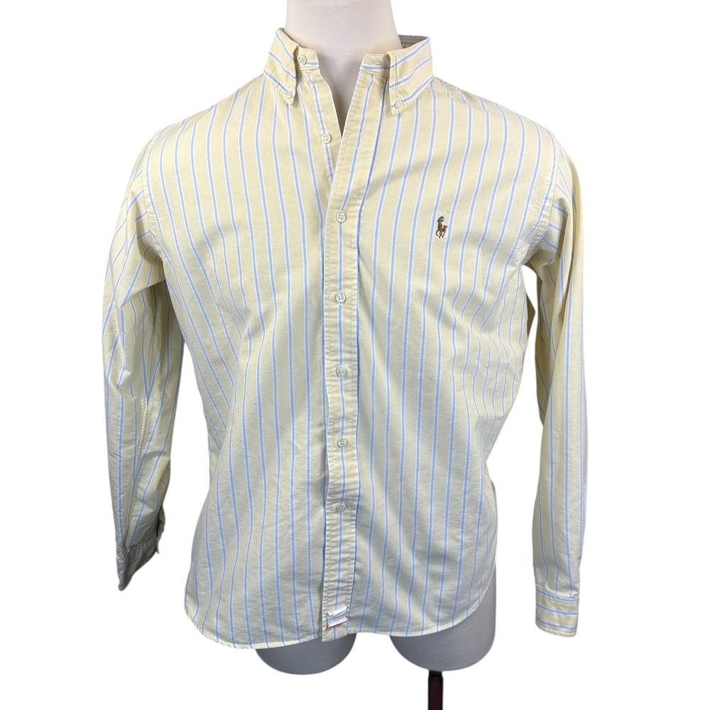 Ralph Lauren Mens Custom Fit Oxford Yellow Blue Stripe Flesh Pony XL Long Sleeve - Picture 2 of 6